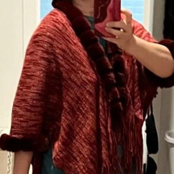 Faux Fur & Tassel Detailed Open Front Shawl Knit Sweater Cardigan Burgundy - Picture 7 of 7